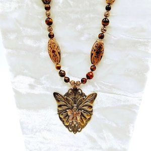 TIGER EYE BEAD NECKLACE & ANTIQUED BRASS BUTTERFLY*HAND MADE*